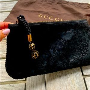 Gucci Black velvet embossed clutch gold accent